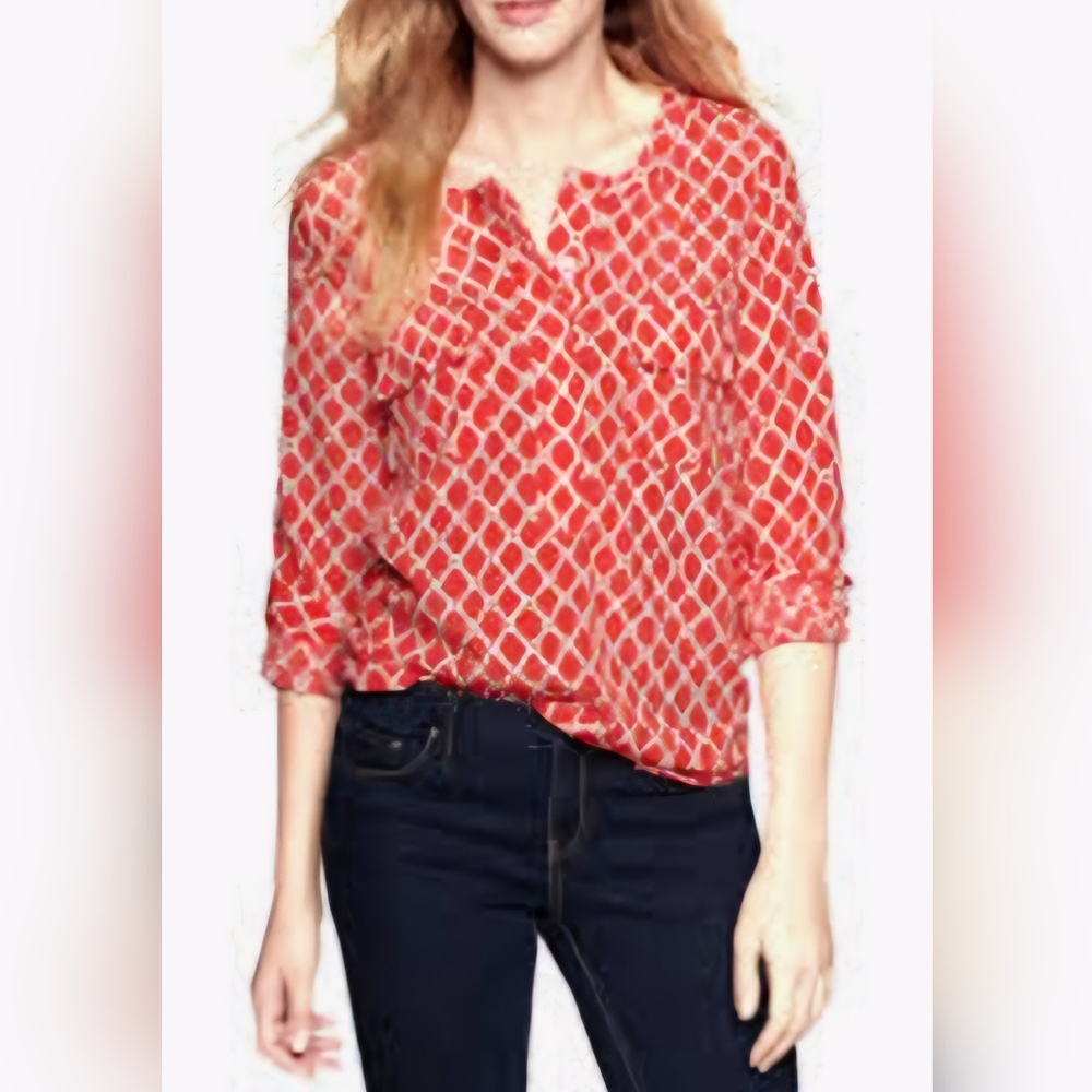 Gap Orange/Red and White Geometric Print Long Sleeve Blouse, Size XS